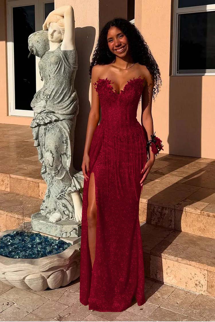 Red Prom Dress Strapless Sleeveless Long Mermaid Evening Formal Dress With Sequined Split