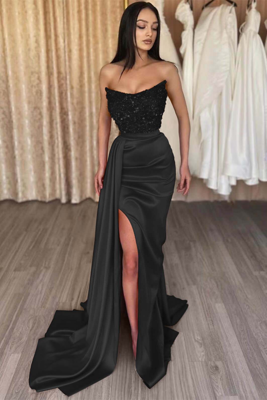 Red Prom Dress Strapless Sleeveless Long Sequined Evening Formal Dress Mermaid Side Split