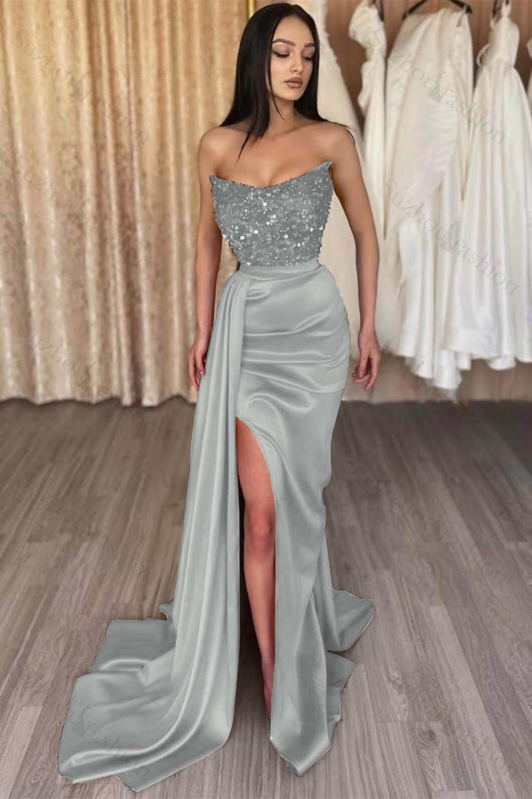 Red Prom Dress Strapless Sleeveless Long Sequined Evening Formal Dress Mermaid Side Split