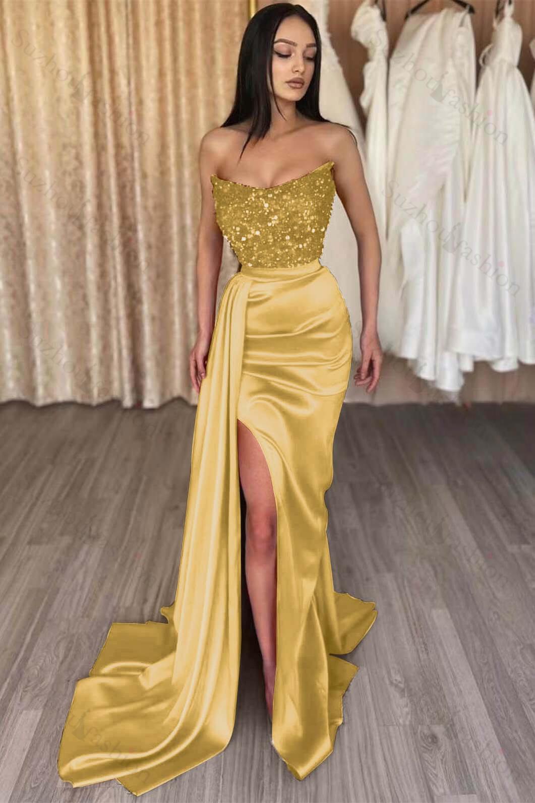 Red Prom Dress Strapless Sleeveless Long Sequined Evening Formal Dress Mermaid Side Split