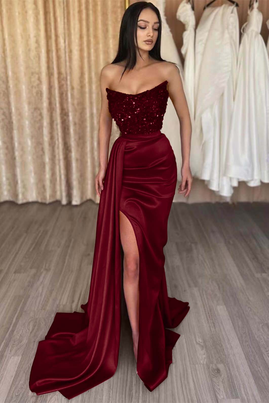 Red Prom Dress Strapless Sleeveless Long Sequined Evening Formal Dress Mermaid Side Split