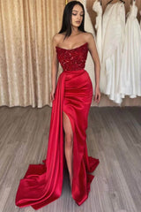 Red Prom Dress Strapless Sleeveless Long Sequined Evening Formal Dress Mermaid Side Split