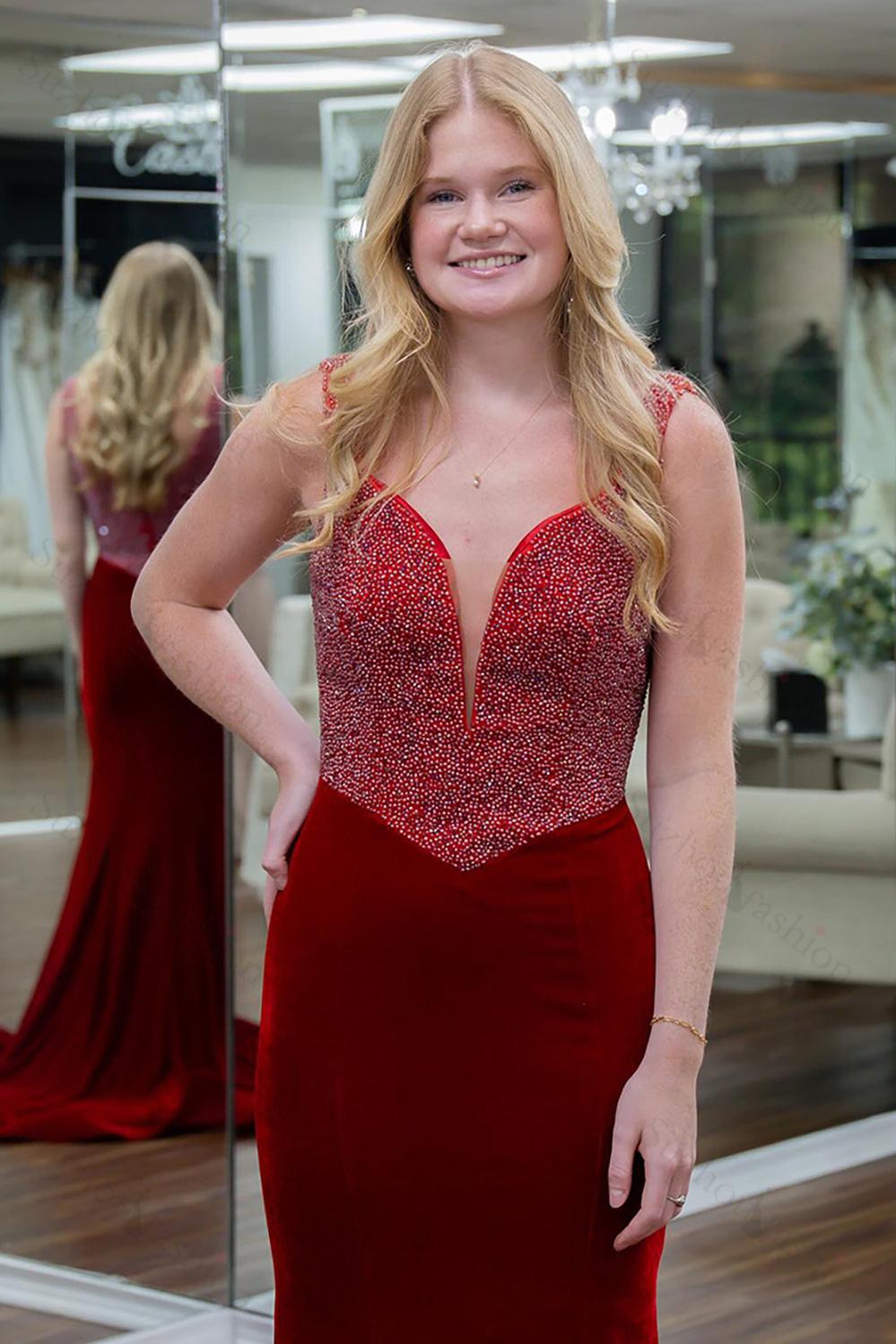 Red Prom Dress V-Neck Beaded Mermaid Velvet Mermaid Formal Dress
