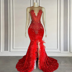 Red Sleeveless Sequins Mermaid Formal Dresses with Front Slit Beadings and Feathers