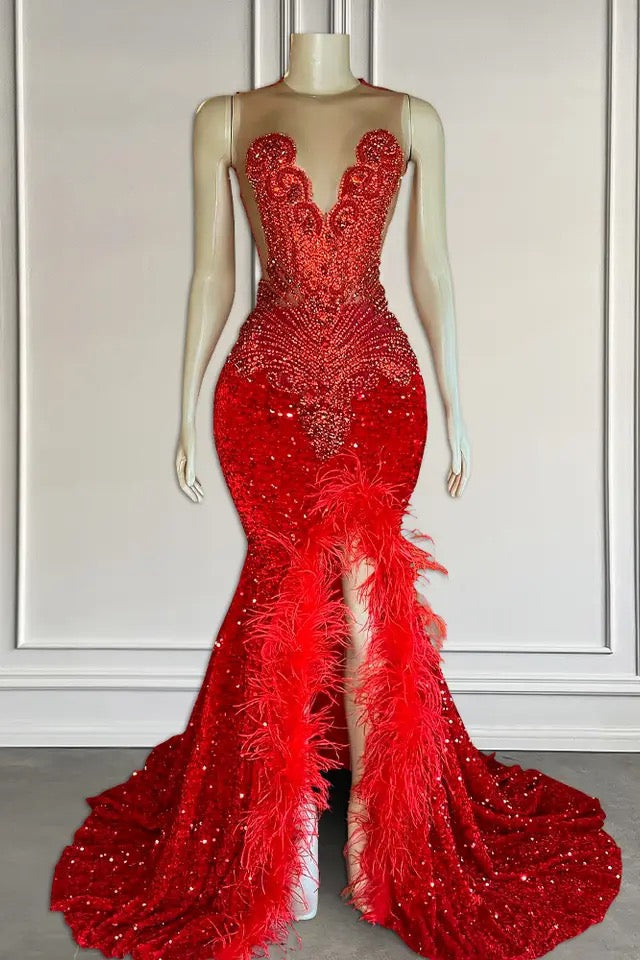 Red Sleeveless Sequins Mermaid Formal Dresses with Front Slit Beadings and Feathers