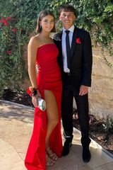 Suzhoufashion Red Strapless Ruched Strapless Long Mermaid Prom Dress With High Slit Formal Evening Gown