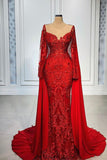 Red Sweetheart Long-Sleeve Mermaid Satin Floor-Length Prom Dresses with Applique