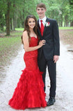 Red Sweetheart Mermaid Prom Dress Crystal Gorgeous Tulle Evening Gowns