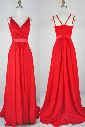 Red Tailored V Neck Bridesmaid Dresses Chiffon Sweep Train Somple Cute Long Prom Gowns