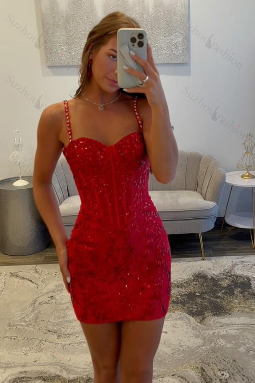 Suzhoufashion Red Tight Homecoming Dresses Short Corset Cocktail Dresses With Beading Suzhoufashion Red Tight Homecoming Dresses Short Corset Cocktail Dresses With Beading