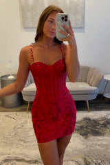Red Tight Homecoming Dresses Short Corset Cocktail Dresses With Beading