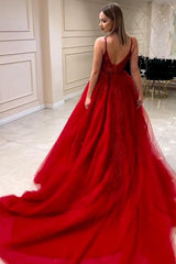 Red Tulle A Line Prom Dress with Sequin Vines and Open Back