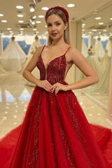 Red Tulle A Line Prom Dress with Sequin Vines and Open Back