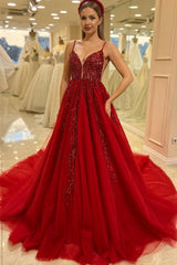 Red Tulle A Line Prom Dress with Sequin Vines and Open Back