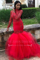 Red Tulle High-Neck Prom Dresses | Mermaid Long-Sleeves Evening Gowns