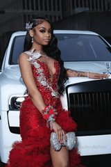 Red Tulle Ruffled Prom Dress Sequined V Neck Formal Evening Gown with 3D Flowers