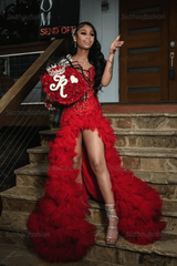 Red Tulle Ruffled Prom Dress Sequined V Neck Formal Evening Gown with 3D Flowers