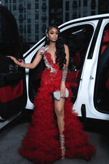 Red Tulle Ruffled Prom Dress Sequined V Neck Formal Evening Gown with 3D Flowers