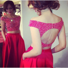 Red Two Piece Off Shoulder Prom Dress Back Hole Bateau A-line Evening Dresses with Pocket