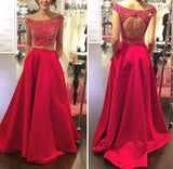 Red Two Piece Off Shoulder Prom Dress Back Hole Bateau A-line Evening Dresses with Pocket