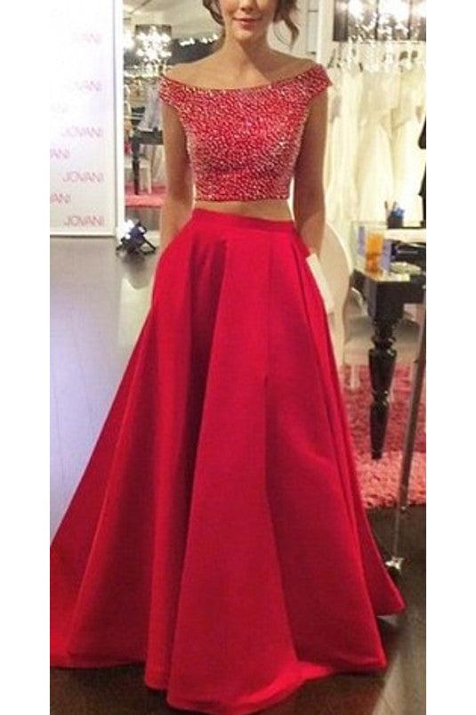 Red Two Piece Off Shoulder Prom Dress Back Hole Bateau A-line Evening Dresses with Pocket