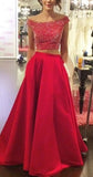 Red Two Piece Off Shoulder Prom Dress Back Hole Bateau A-line Evening Dresses with Pocket