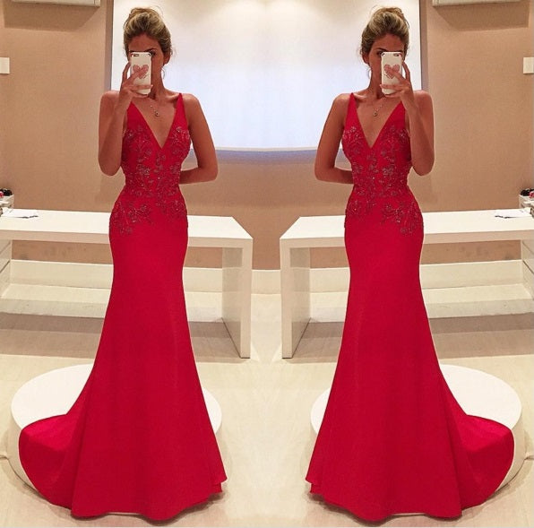 Red Two Straps V-Neckline Sleeveless With Appliques Long Prom Dress