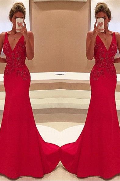 Red Two Straps V-Neckline Sleeveless With Appliques Long Prom Dress