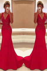 Red Two Straps V-Neckline Sleeveless With Appliques Long Prom Dress