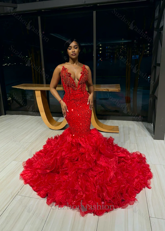 Red V-Neck Strapless Mermaid Beadings Prom Dress with Ruffles