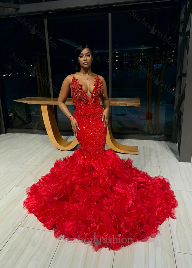 Red V-Neck Strapless Mermaid Beadings Prom Dress with Ruffles