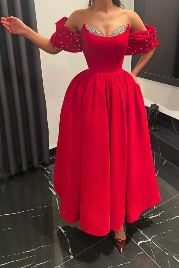 Red Velvet A Line Prom Dress with Crystal Sweetheart and Off Shoulder Sleeves