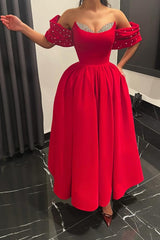 Red Velvet A Line Prom Dress with Crystal Sweetheart and Off Shoulder Sleeves
