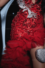 Red Tulle Ruffled Prom Dress Sequined V Neck Formal Evening Gown with 3D Flowers