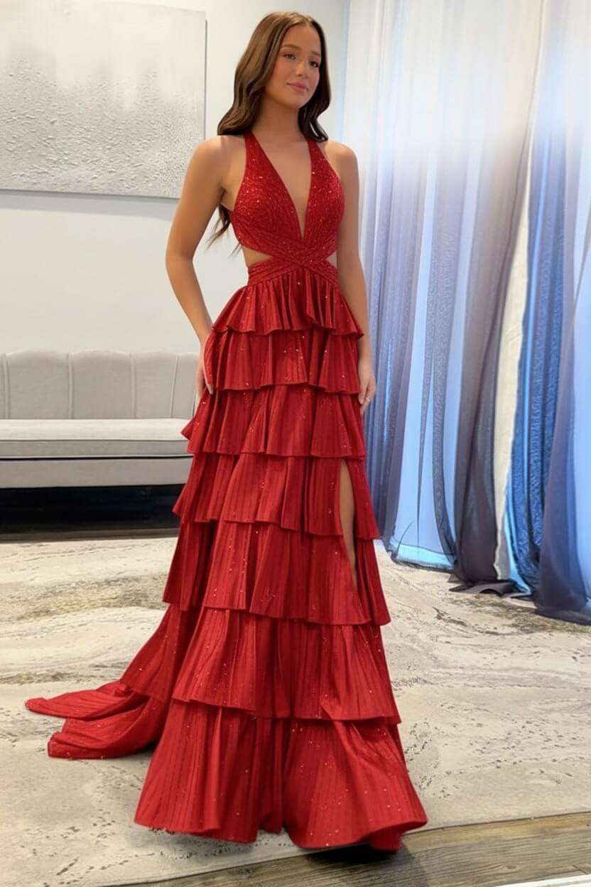 Suzhoufashion Emerald Green Prom Dress Tiered A-Line Halter Long Formal Dress With Slit suzhoufashion Suzhoufashion Emerald Green Prom Dress Tiered A-Line Halter Long Formal Dress With Slit suzhoufashion