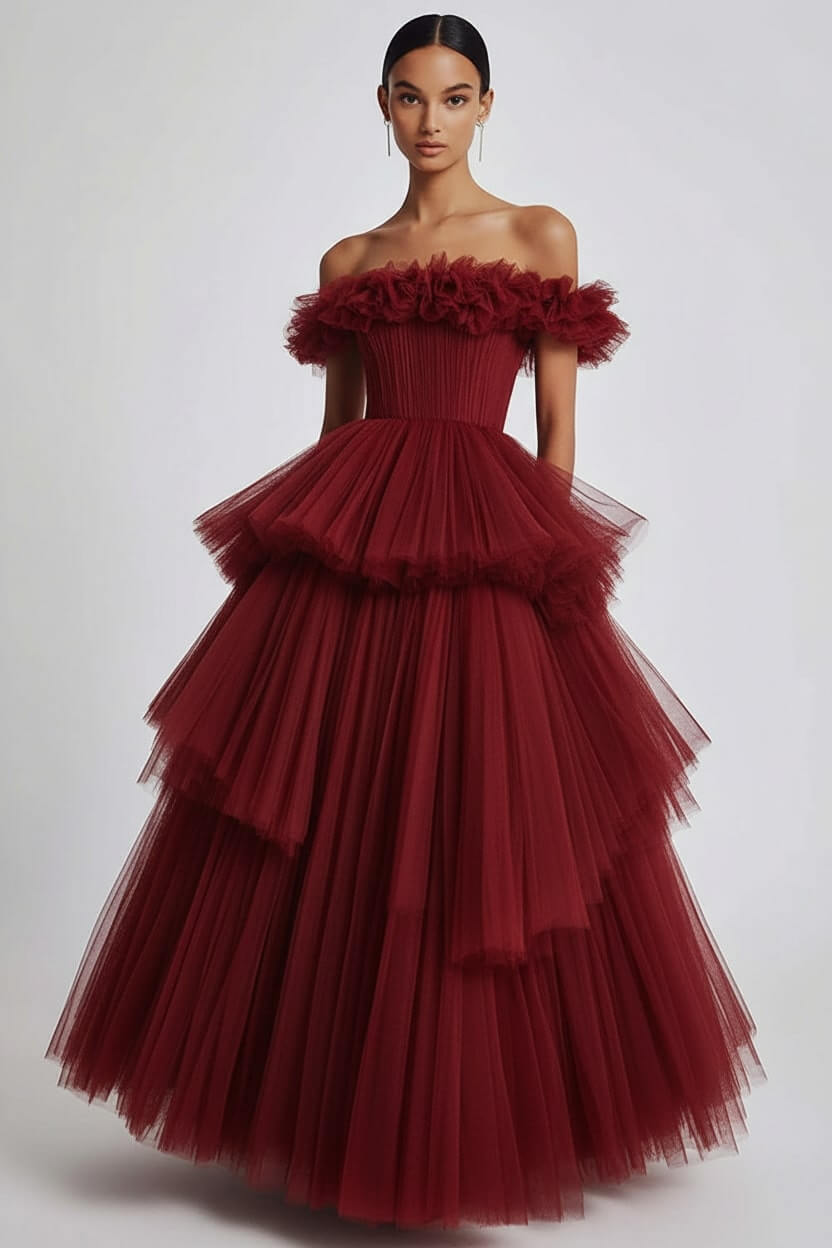 Dusty Sage Prom Dress Tulle Off The Shoulder Ball Gown Formal Dress With Ruffles