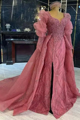 Retro Dusk Bead Embroidery Prom Dress Long Bubble Sleeves Split Long Evening Formal Dress