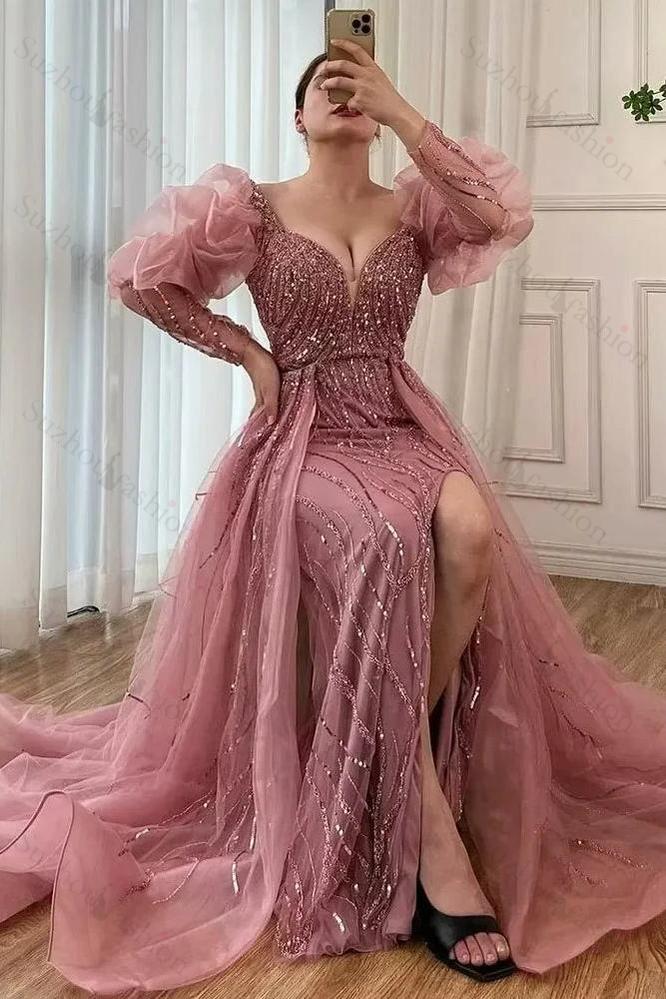 Retro Dusk Bead Embroidery Prom Dress Long Bubble Sleeves Split Long Evening Formal Dress