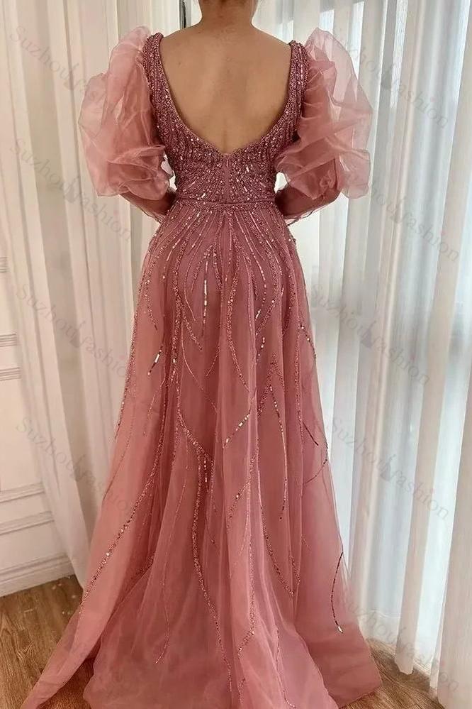 Retro Dusk Bead Embroidery Prom Dress Long Bubble Sleeves Split Long Evening Formal Dress