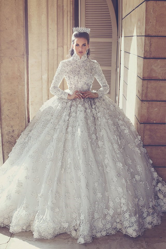 Retro High Neck Lace Wedding Dresses with Beads | Luxury Long Sleeve Ball Gown Bridal Gowns with Appliques