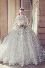 Retro High Neck Lace Wedding Dresses with Beads | Luxury Long Sleeve Ball Gown Bridal Gowns with Appliques