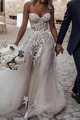 Romantic A-Line Sweetheart Tulle Wedding Dress Boho Beach Lace Bridal Gowns Online