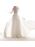Romantic A-Line Wedding Dress High Neck Chiffon Lace 3/4 Length Sleeves Sexy Bridal Gowns with Sweep Train