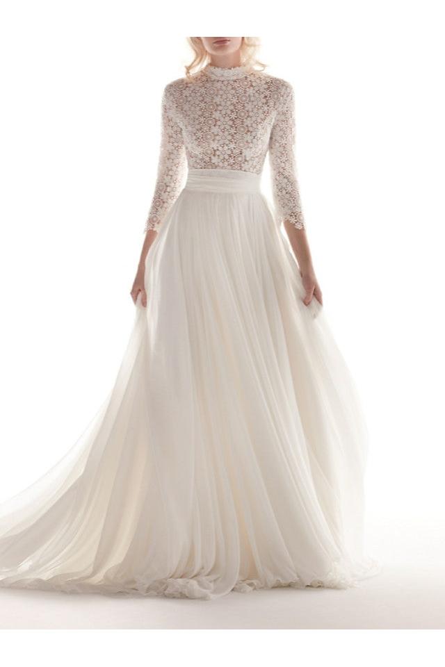 Romantic A-Line Wedding Dress High Neck Chiffon Lace 3/4 Length Sleeves Sexy Bridal Gowns with Sweep Train
