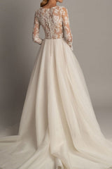 Romantic A-Line Wedding Dress V-Neck Lace Tulle Long Sleeve Sexy Backless Bridal Gowns Court Train
