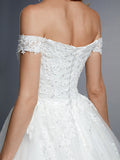Romantic Ball Gown Wedding Dress Off Shoulder Lace Tulle Short Sleeve Sparkle & Shine Bridal Gowns with Court Train