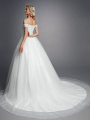 Romantic Ball Gown Wedding Dress Off Shoulder Lace Tulle Short Sleeve Sparkle & Shine Bridal Gowns with Court Train
