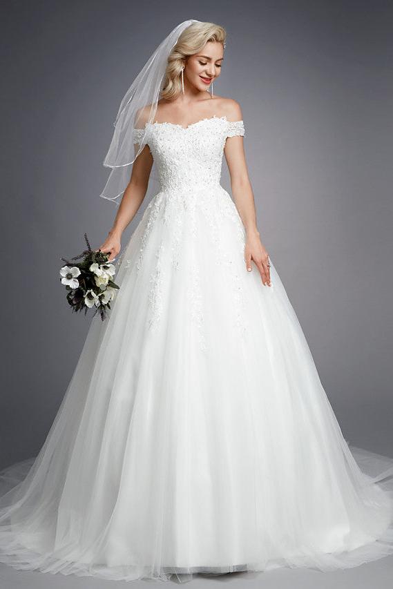 Romantic Ball Gown Wedding Dress Off Shoulder Lace Tulle Short Sleeve Sparkle & Shine Bridal Gowns with Court Train