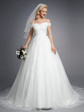 Romantic Ball Gown Wedding Dress Off Shoulder Lace Tulle Short Sleeve Sparkle & Shine Bridal Gowns with Court Train