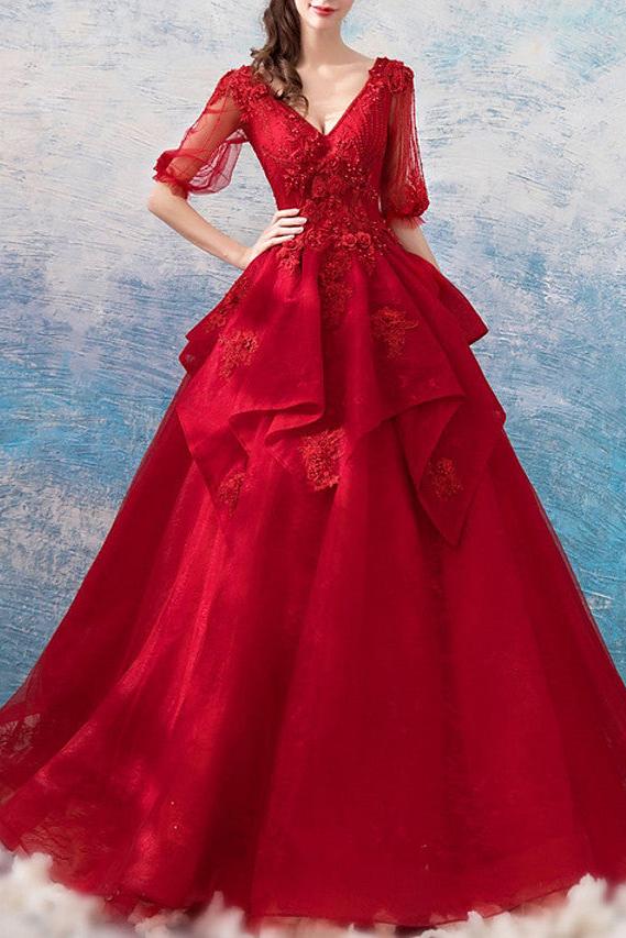 Romantic Ball Gown Wedding Dresses V-Neck Polyester Half Sleeve Plus Size Bridal Gowns Online